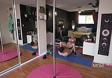 Blonde milf Parker Ambrose dominates pole dancing before intense gym pounding.
