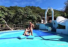 tattooed latina getting wild and freaky by the pool, so hot