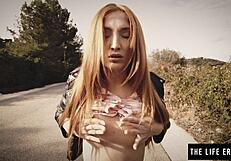 Nipple Clamps and Ball Gag Drive Horny Redhead to Intense Cum