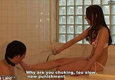 Japanese femdom Risa dominates by drowning her slave in bathtub