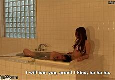Japanese femdom Risa dominates by drowning her slave in bathtub
