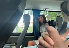 Risky handjob on crowded public bus until cum
