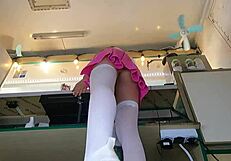 18 yo brunette earns cash in white stockings pearl thong pink mini skirt